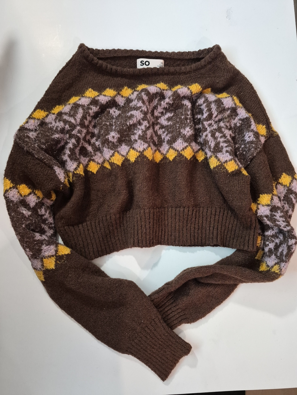 SO Brown Cropped Crewneck Sweater with Pink & Yellow Fair Isle Accents